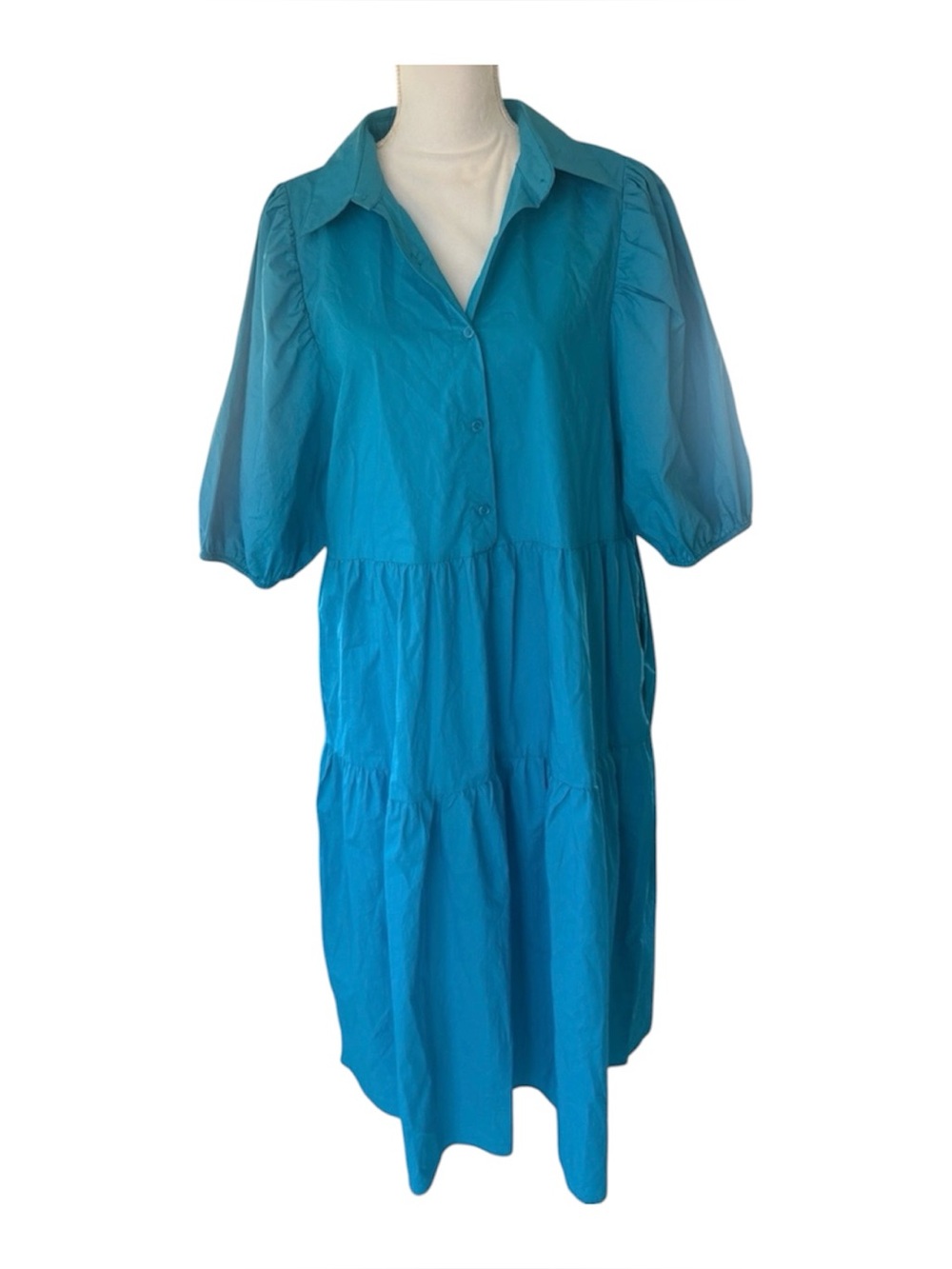 Melloday ocean blue cotton poplin puff sleeve dress ruffle hem